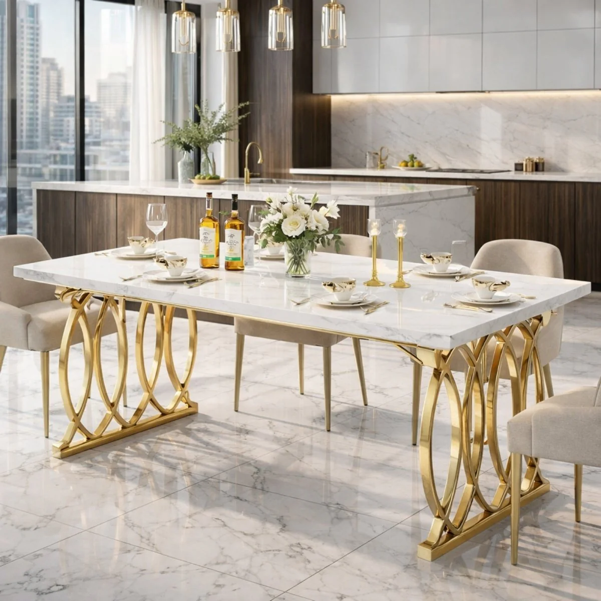 The Aurelia Estate Dining Table | Marble-Finish & Gold Geometric Base - Image 5