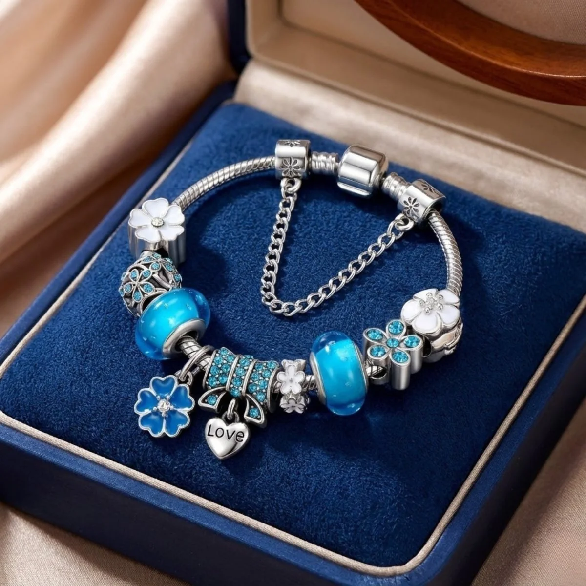 Luxury Silver Snake Chain Charm Bracelet with Crystal Beads & "Love" Heart Pendant - Romantic Gift for Her