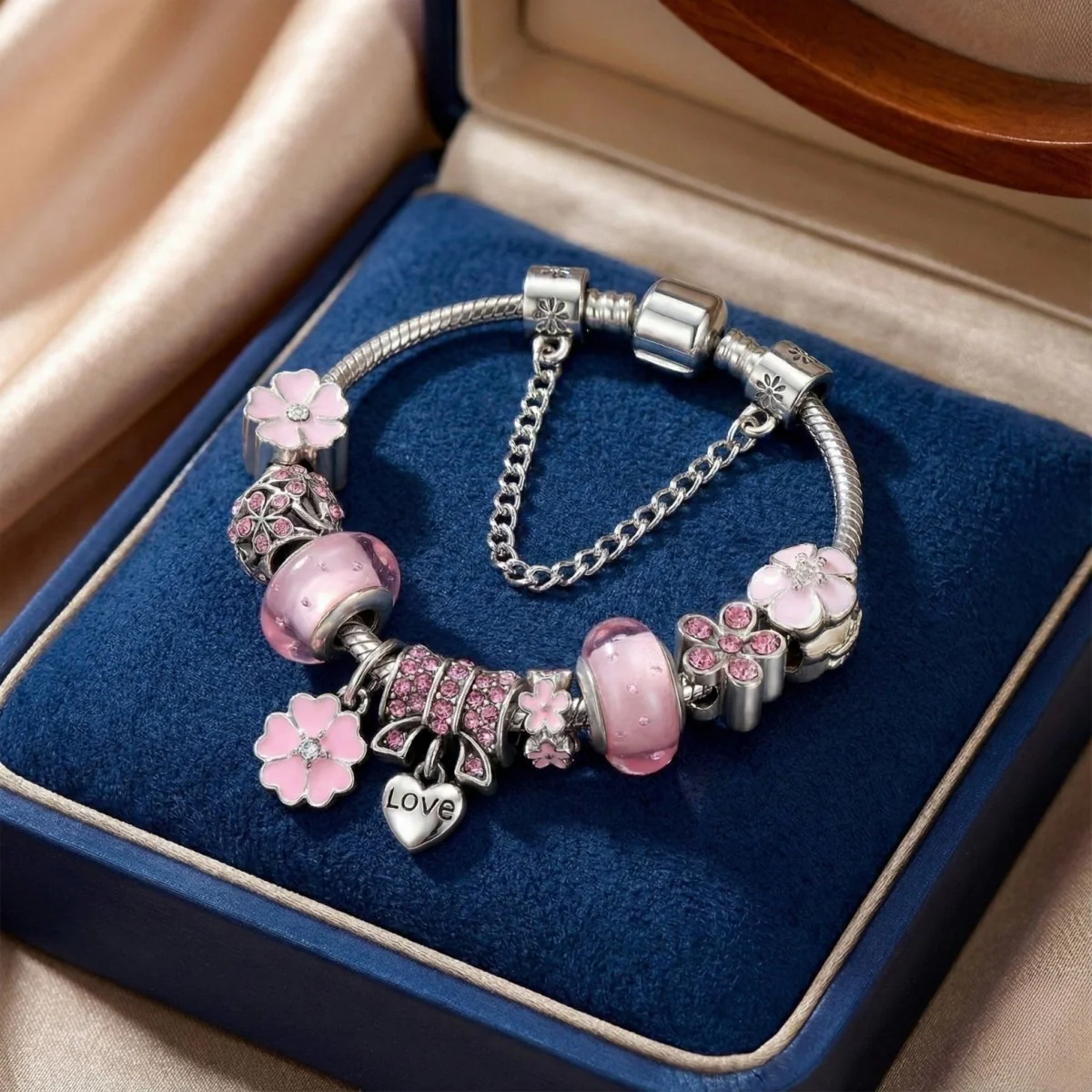 Luxury Silver Snake Chain Charm Bracelet with Crystal Beads & "Love" Heart Pendant - Romantic Gift for Her - Image 2