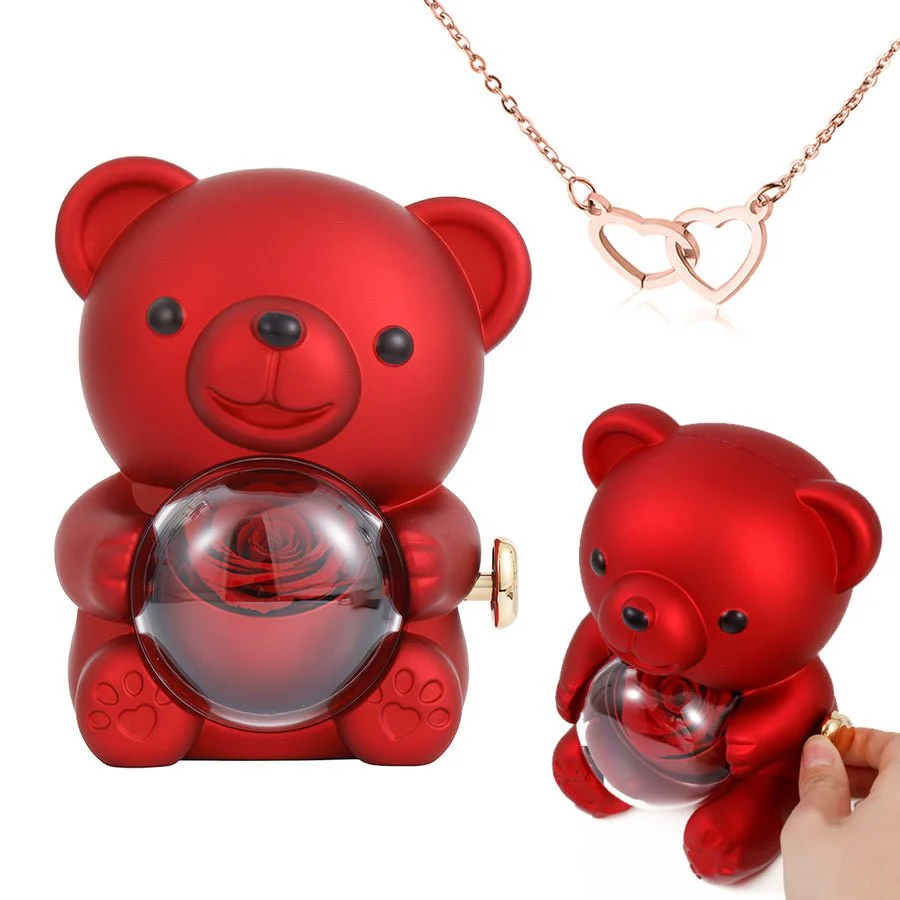Preserved Rose Bear Gift Box for Her with Hidden Necklace - Eternal Real Rose for Anniversary, Valentines Day, Birthday - Red &amp; Gold Interlocking Hearts | Kouvr - Image 3