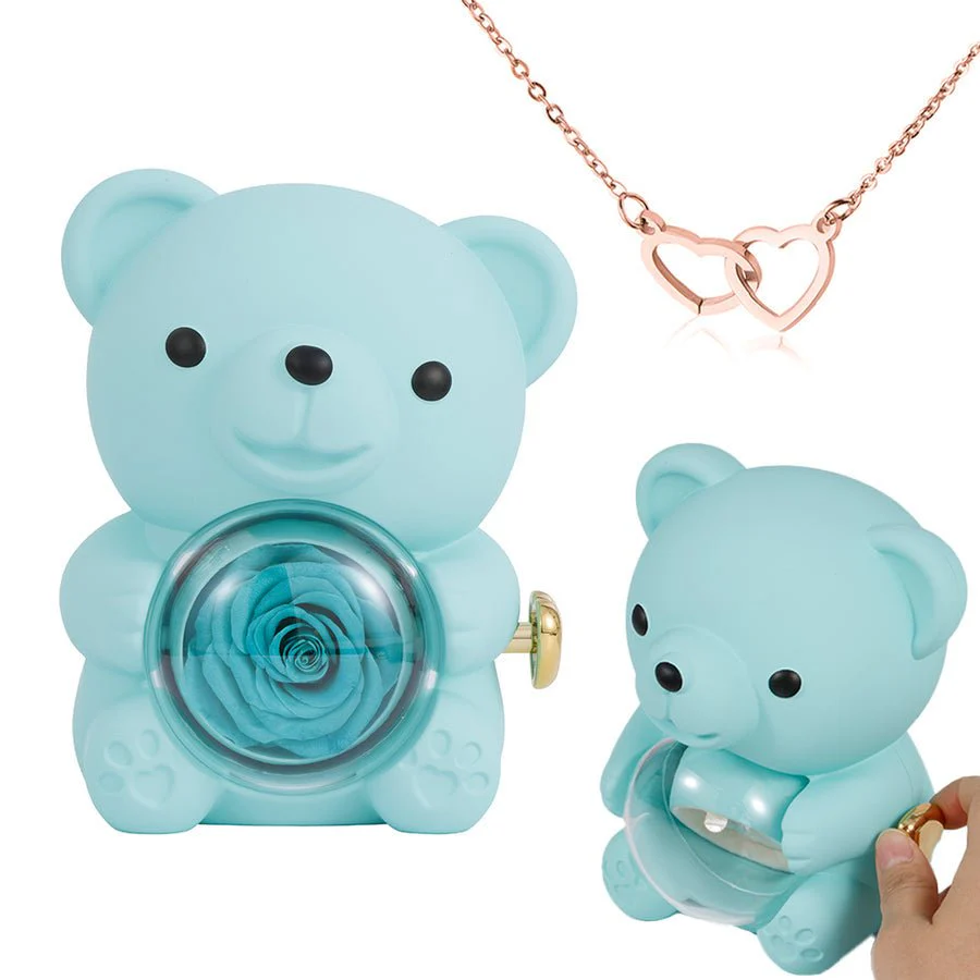 Preserved Rose Bear Gift Box for Her with Hidden Necklace - Eternal Real Rose for Anniversary, Valentines Day, Birthday - Red &amp; Gold Interlocking Hearts | Kouvr - Image 9