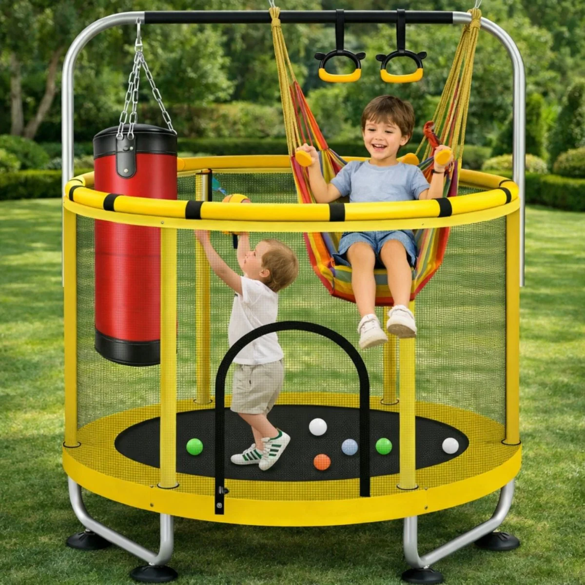 3-in-1 Kids Trampoline & Swing Set with Punching Bag & Safety Enclosure – Indoor/Outdoor Jungle Gym - Image 4