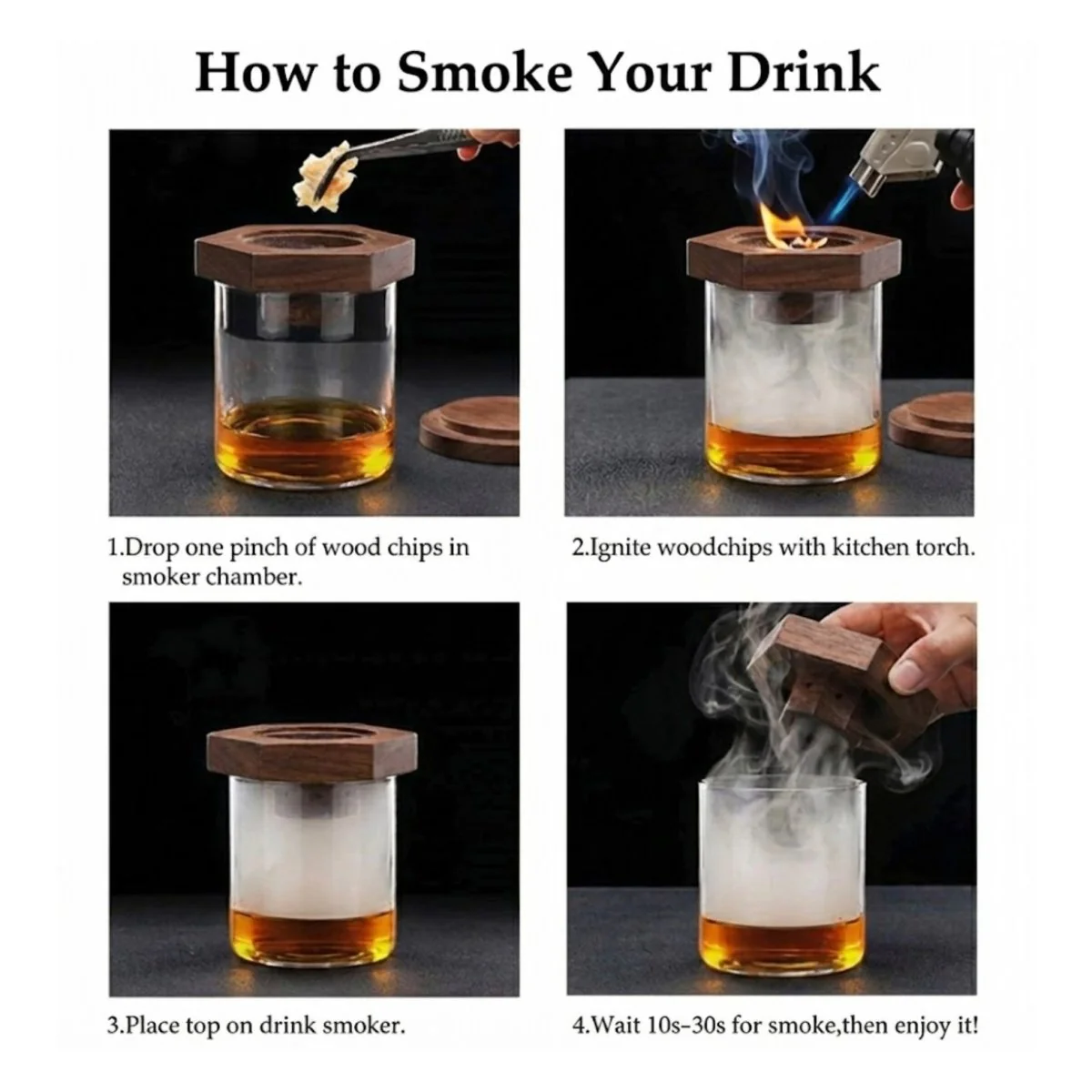 Premium Cocktail Smoker Kit for Whiskey & Bourbon – Wooden Drink Smoker Top with 4 Wood Chip Flavors – Old Fashioned Infuser Set - Image 5