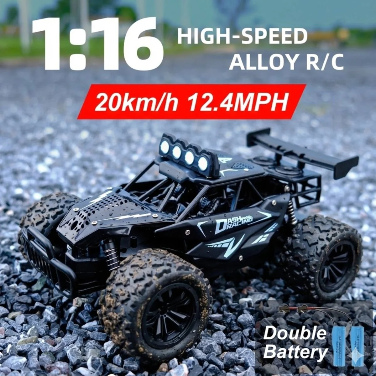 Alloy Off-Road Monster Truck with LED Lights & Dual Batteries - 1:16 High-Speed RC Car (20km/h) - Image 11