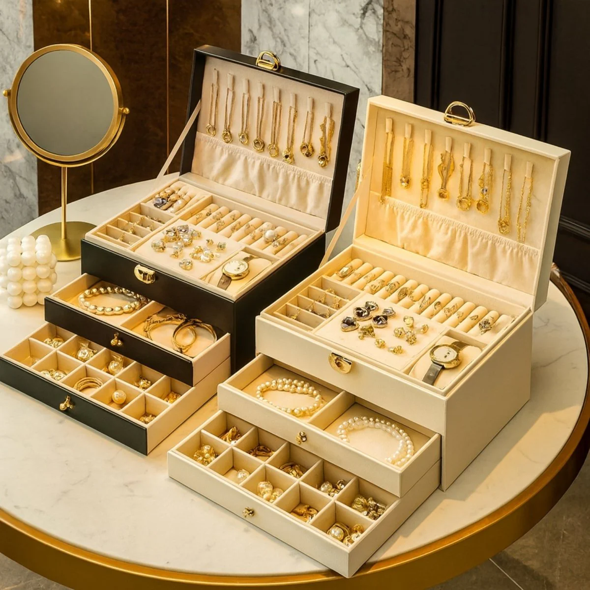 Luxurious Large Jewelry Organizer Box - 3-Layer Quilted Leather Case with Drawers, Necklace Hooks & Watch Holder - Perfect Gift for Her - Image 5