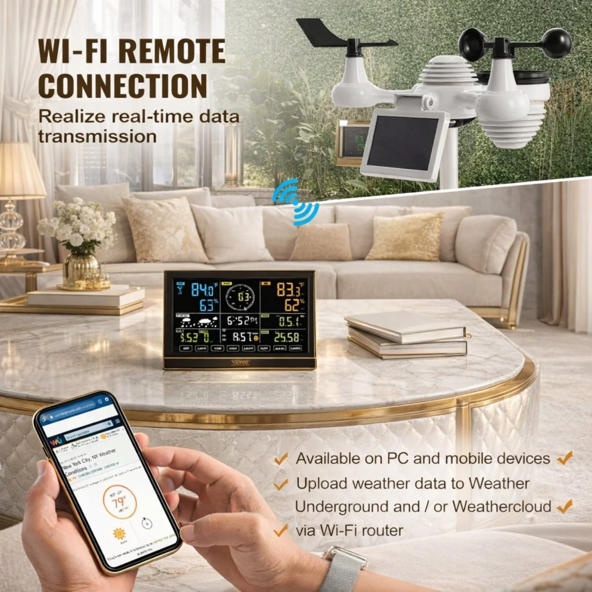 Professional WiFi Weather Station with 7-in-1 Solar Sensor &amp; Color Display for Weather Underground, Measures Wind, Rain, UV, Temp &amp; Humidity | Kouvr - Image 2