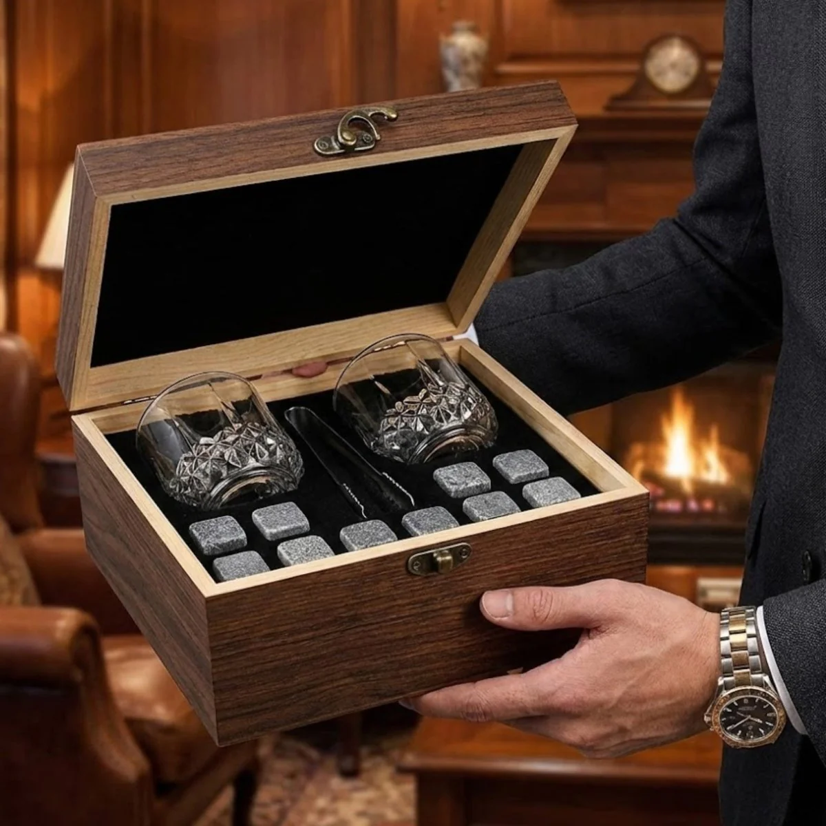 Premium Whiskey Stones & Glass Gift Set | 2 Crystal Tumblers, 8 Granite Rocks in Wood Box | Luxury Gift for Men, Dad & Groomsmen - Image 2