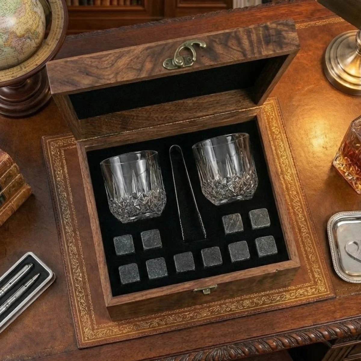 Premium Whiskey Stones & Glass Gift Set | 2 Crystal Tumblers, 8 Granite Rocks in Wood Box | Luxury Gift for Men, Dad & Groomsmen - Image 4