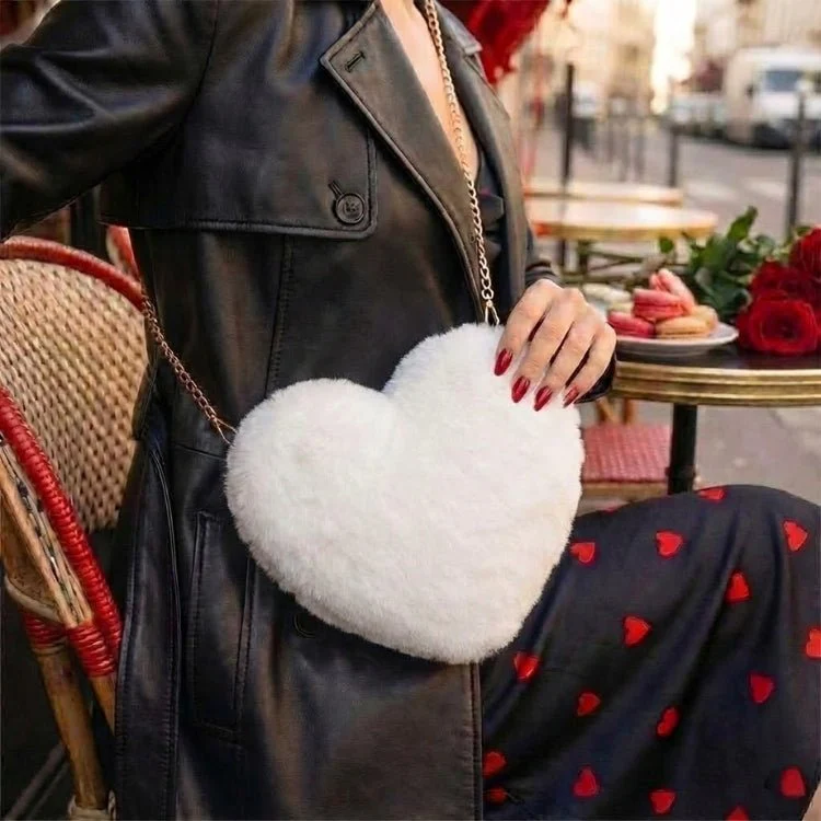 Amour Red Heart Bag - Faux Fur Crossbody Handbag with Gold Chain - Bold Crimson Statement Piece - Image 13