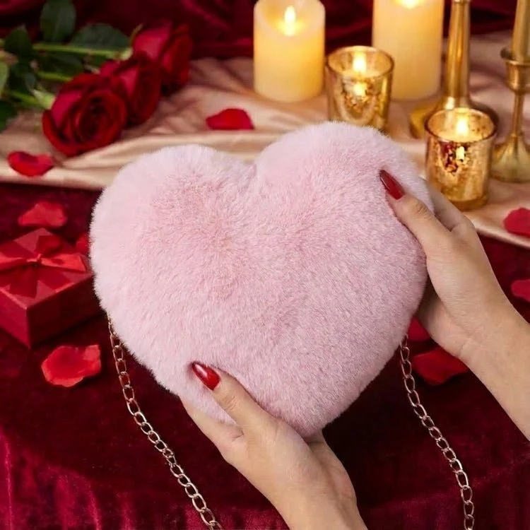 Amour Red Heart Bag - Faux Fur Crossbody Handbag with Gold Chain - Bold Crimson Statement Piece - Image 9