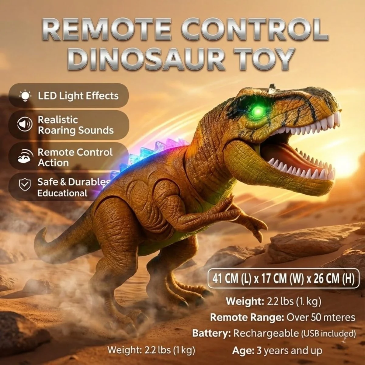 Remote Control T-Rex Dinosaur Toy – Realistic Walking, Roaring Sounds & LED Lights – Rechargeable RC Robot for Kids 3+ - Image 6