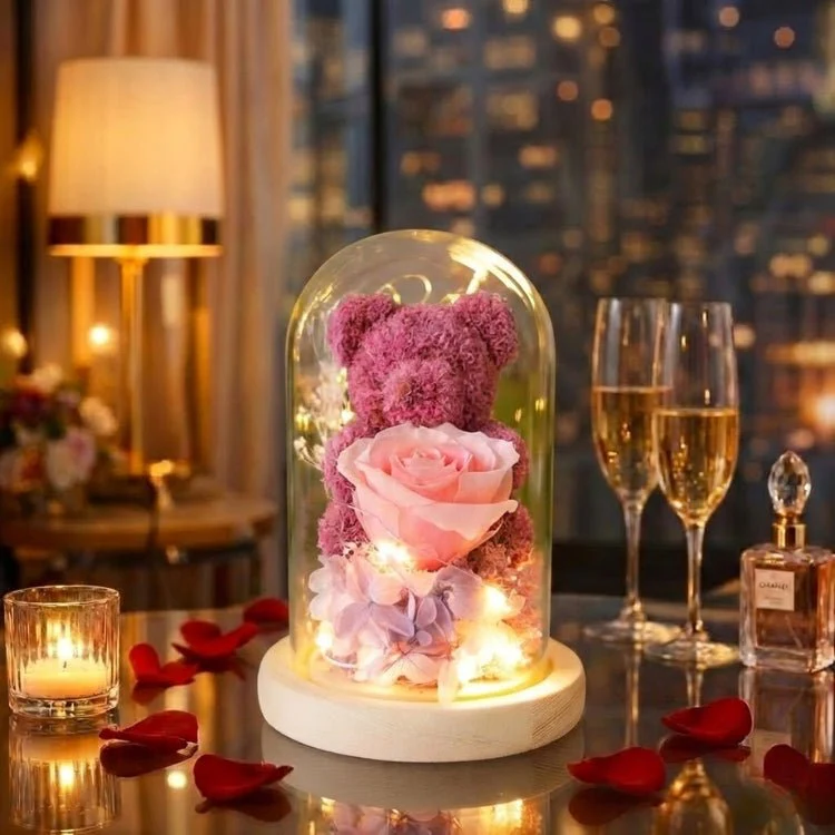 Eternal Rose Bear in Glass Dome with Lights - Romantic Anniversary Gift for Her, Preserved Red Forever Rose, Enchanted Teddy Bear Lamp Gift by Kouvr - Image 3