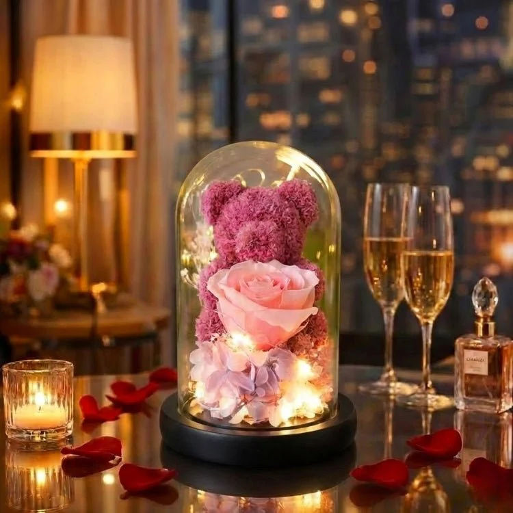 Eternal Rose Bear in Glass Dome with Lights - Romantic Anniversary Gift for Her, Preserved Red Forever Rose, Enchanted Teddy Bear Lamp Gift by Kouvr - Image 4
