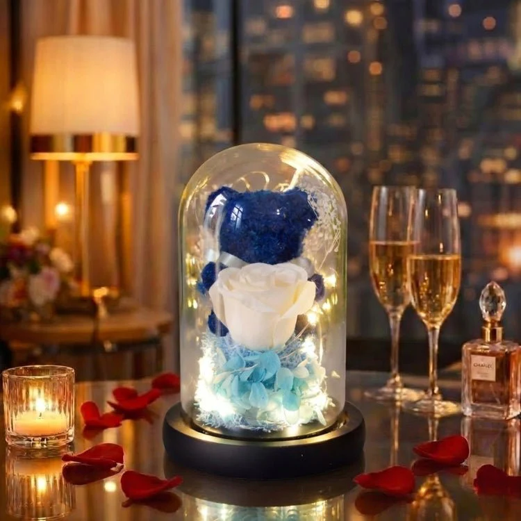Eternal Rose Bear in Glass Dome with Lights - Romantic Anniversary Gift for Her, Preserved Red Forever Rose, Enchanted Teddy Bear Lamp Gift by Kouvr - Image 6