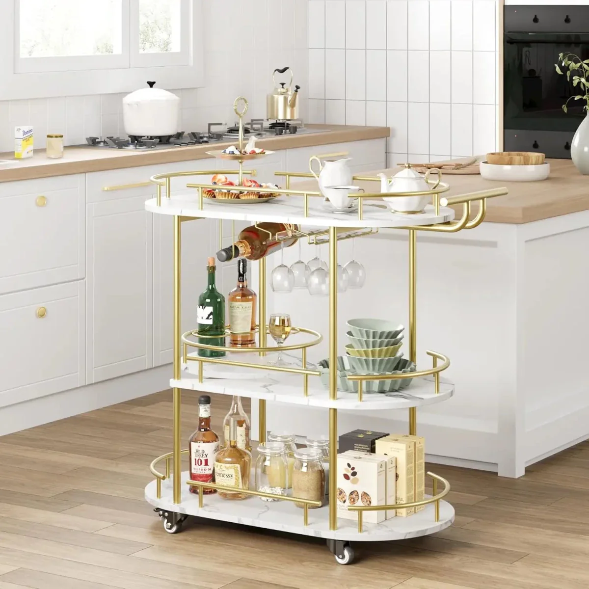 The Vesper Rolling Bar Cart | Gold &amp; Marble Entertaining Station - Image 2